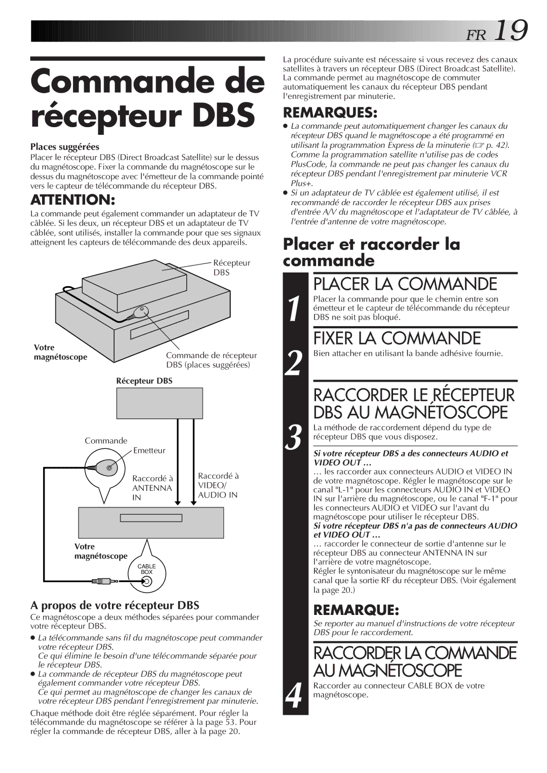 JVC HR-S3500U manual Commande de récepteur DBS, Placer LA Commande, Fixer LA Commande, DBS AU Magnétoscope 