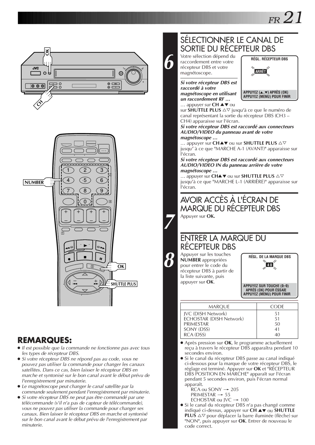 JVC HR-S3500U manual Sélectionner LE Canal DE Sortie DU Récepteur DBS, Avoir Accès À Lécran DE Marque DU Récepteur DBS 