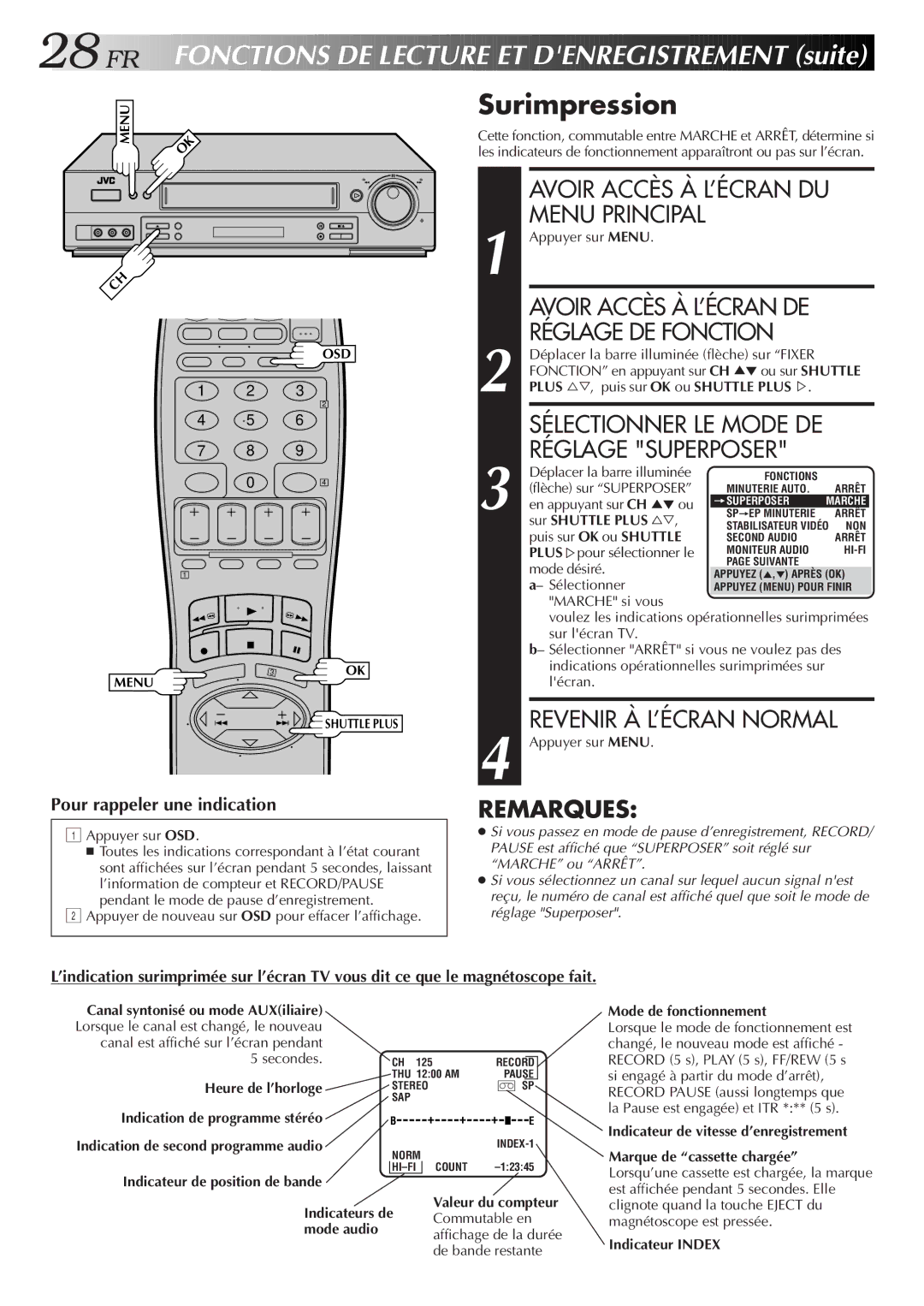 JVC HR-S3500U manual Surimpression, Réglage DE Fonction, Réglage Superposer, Revenir À L’ÉCRAN Normal 