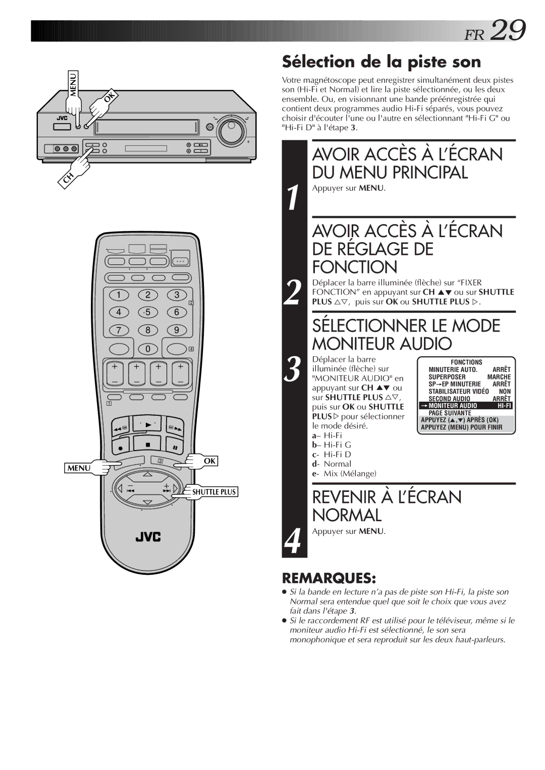 JVC HR-S3500U manual Moniteur Audio en, Le mode désiré, Hi-Fi Hi-Fi G Hi-Fi D Normal Mix Mélange 