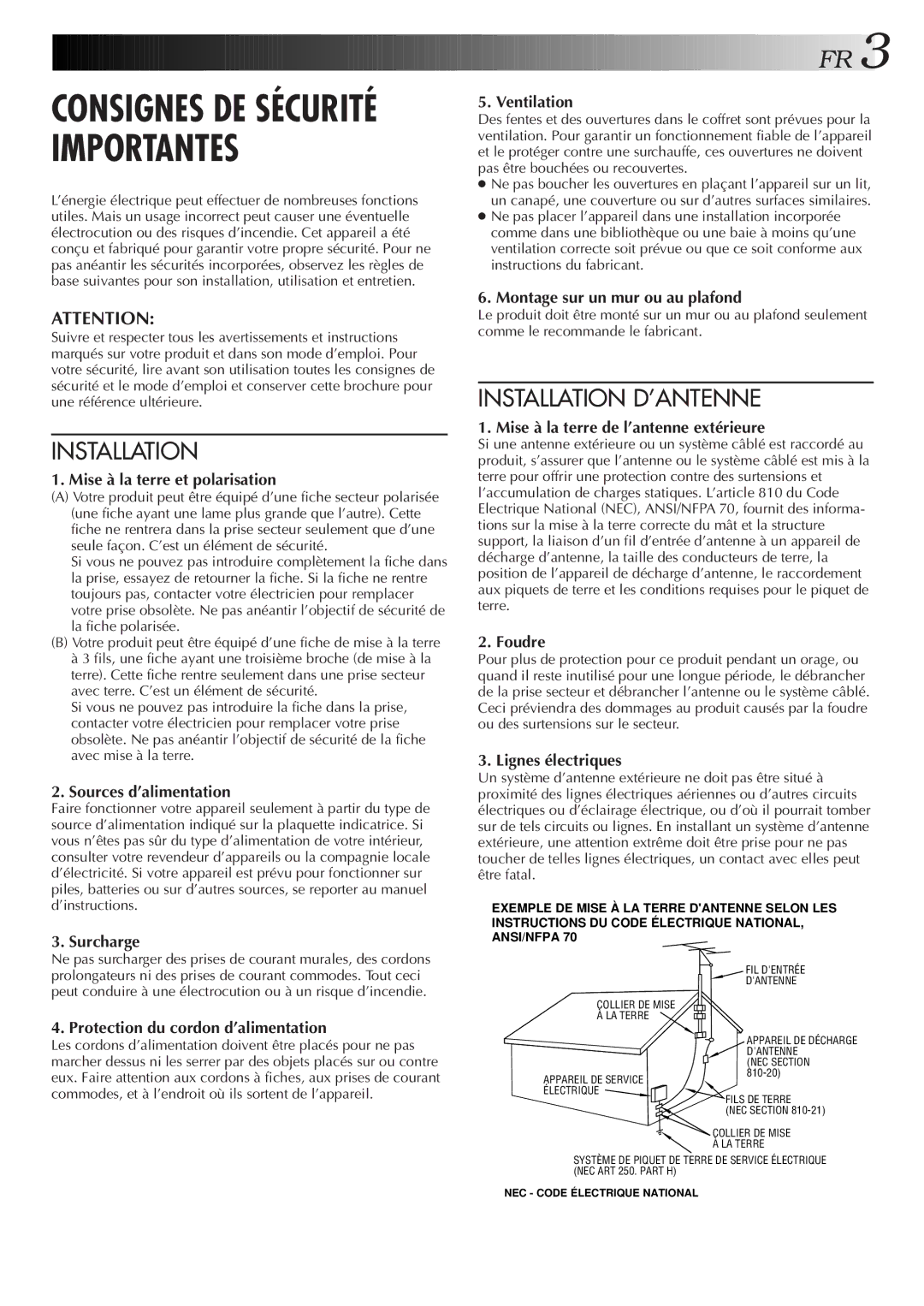 JVC HR-S3500U manual Installation D’ANTENNE 