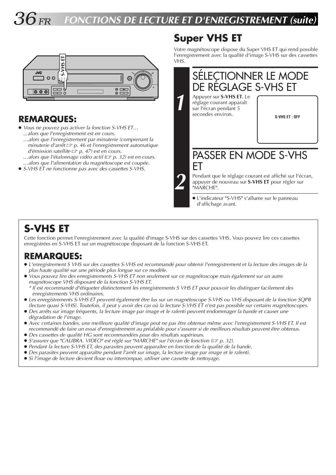 JVC HR-S3500U manual Passer EN Mode S-VHS, Super VHS ET, Appuyer de nouveau sur S-VHS ET pour régler sur, Daffichage avant 