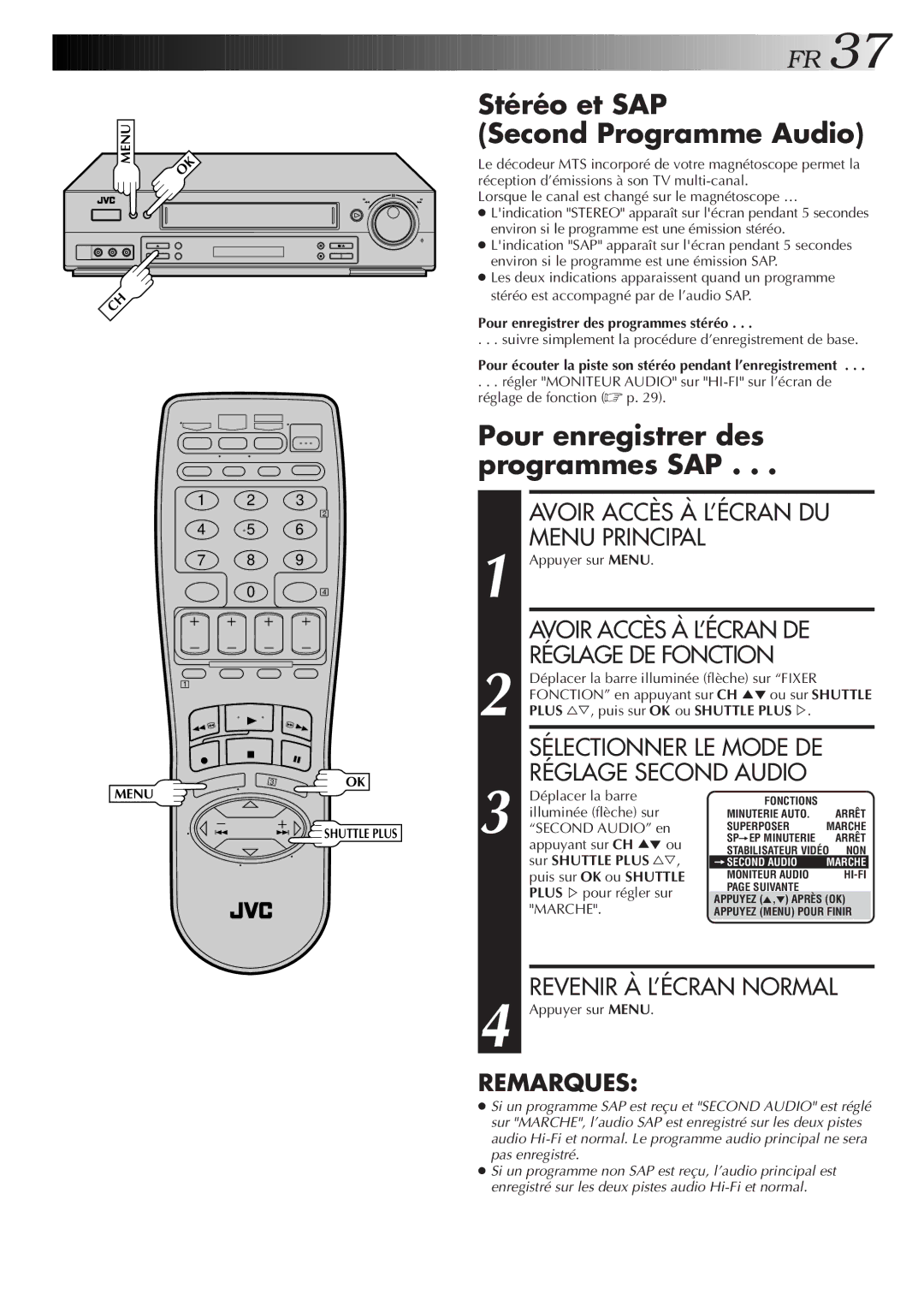 JVC HR-S3500U Stéréo et SAP Second Programme Audio, Avoir Accès À L’ÉCRAN DE Réglage DE Fonction, Réglage Second Audio 