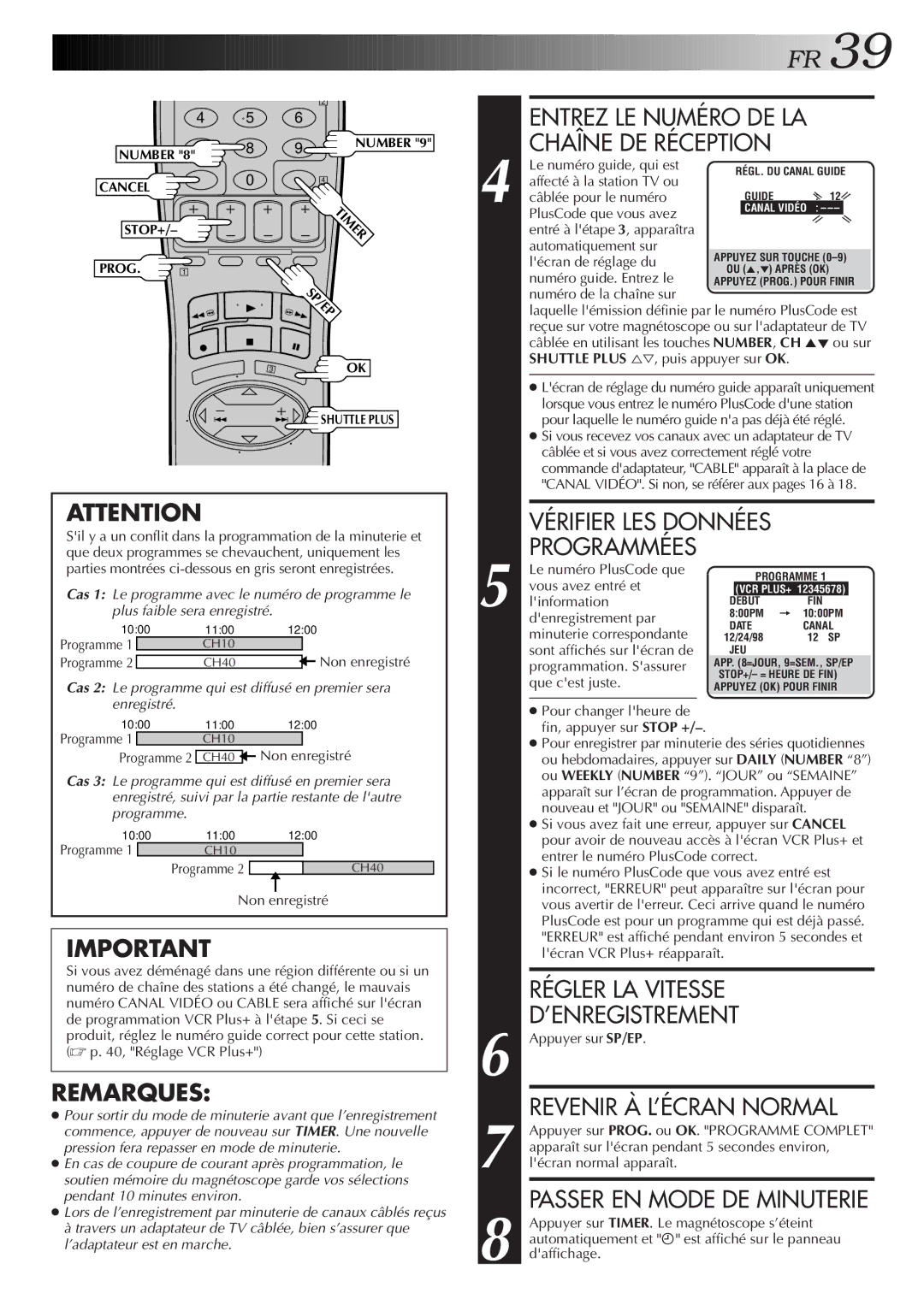 JVC HR-S3500U manual Entrez LE Numéro DE LA Chaîne DE Réception, Régler LA Vitesse 