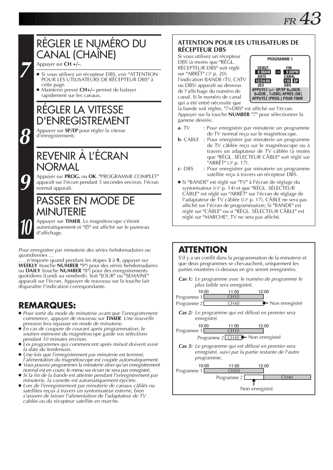 JVC HR-S3500U manual Régler LE Numéro DU, Canal Chaîne, Régler LA Vitesse, Denregistrement, Passer EN Mode DE, Minuterie 