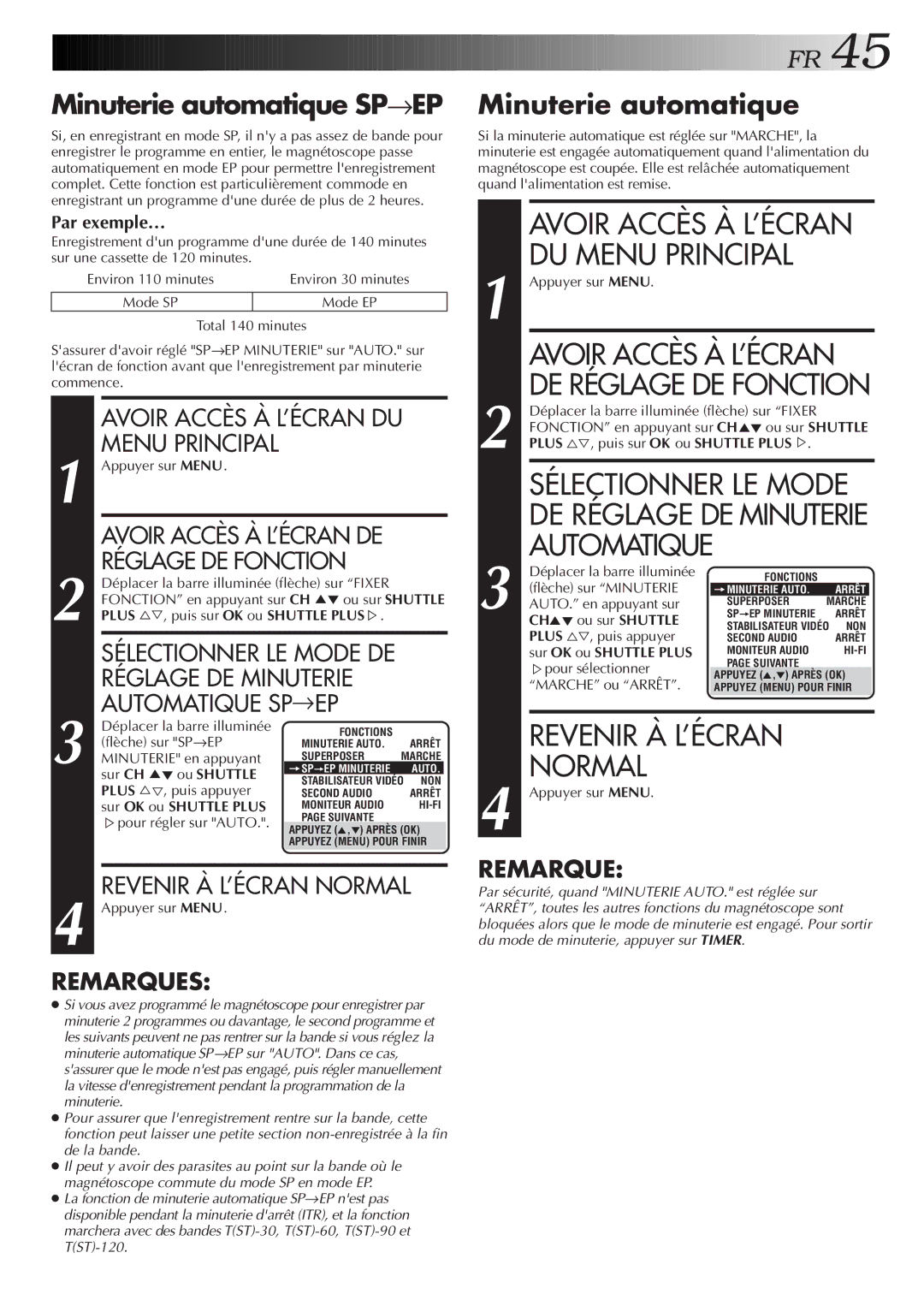 JVC HR-S3500U manual Minuterie automatique SP→EP, Avoir Accès À L’ÉCRAN DU Menu Principal 