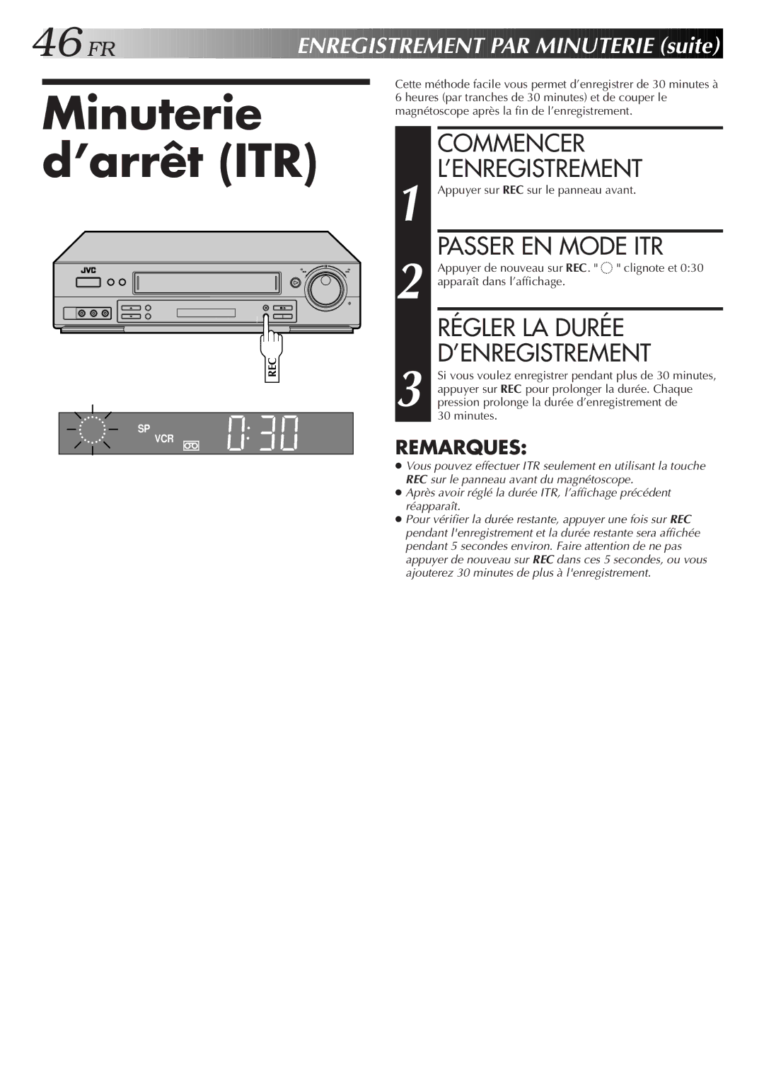 JVC HR-S3500U manual Minuterie d’arrêt ITR, Commencer ’ENREGISTREMENT, Passer EN Mode ITR, Régler LA Durée ’ENREGISTREMENT 