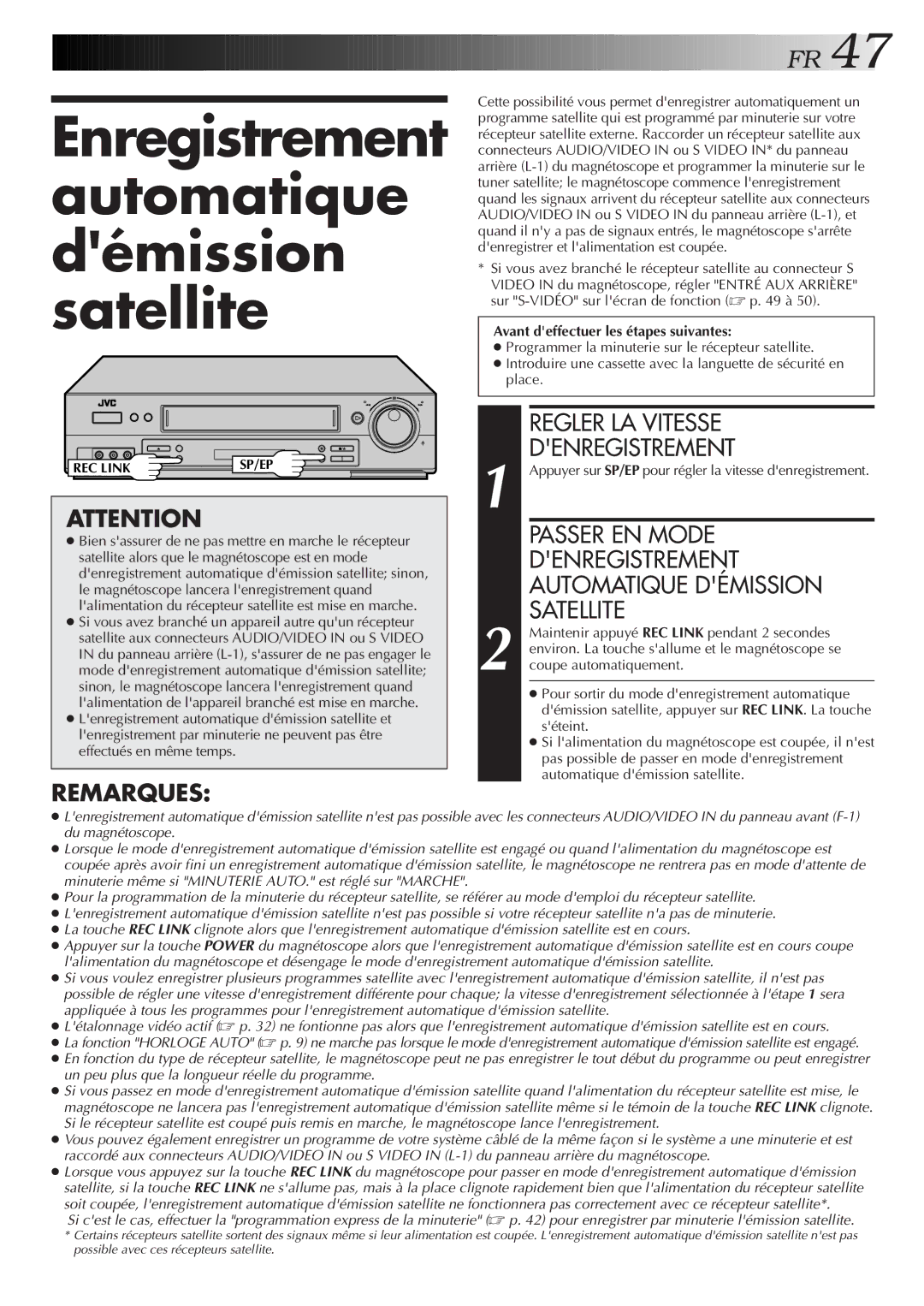 JVC HR-S3500U manual Enregistrement automatique démission satellite, Regler LA Vitesse Denregistrement 