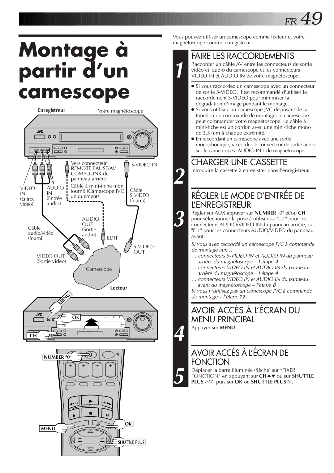 JVC HR-S3500U manual Montage à partir d’un camescope, Fonction, Enregistreur 