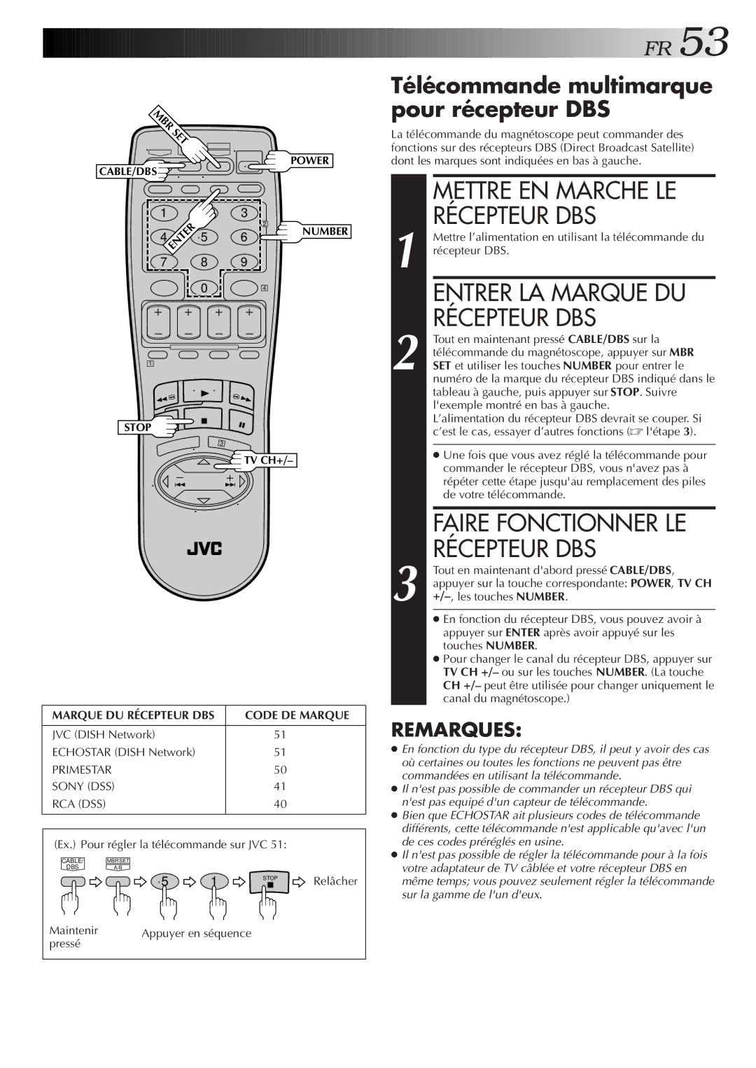 JVC HR-S3500U manual Récepteur DBS, Entrer LA Marque DU, Faire Fonctionner LE, Télécommande multimarque pour récepteur DBS 