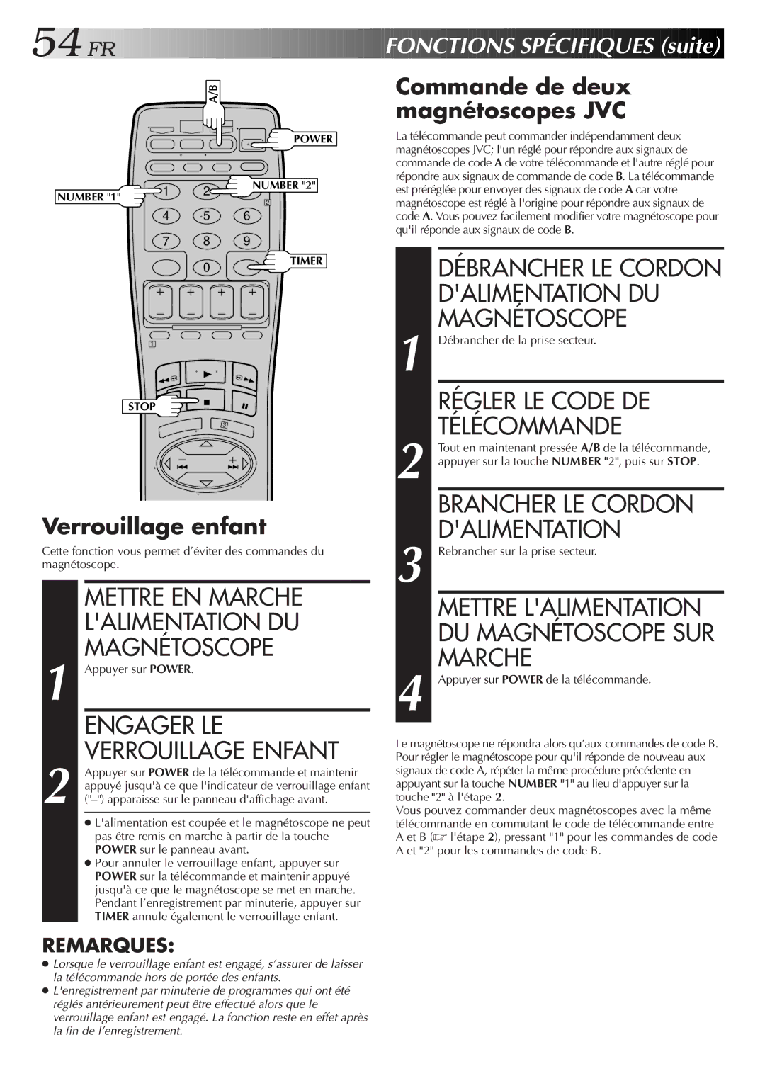 JVC HR-S3500U manual Lalimentation DU, Engager LE, Verrouillage Enfant, Régler LE Code DE Télécommande 