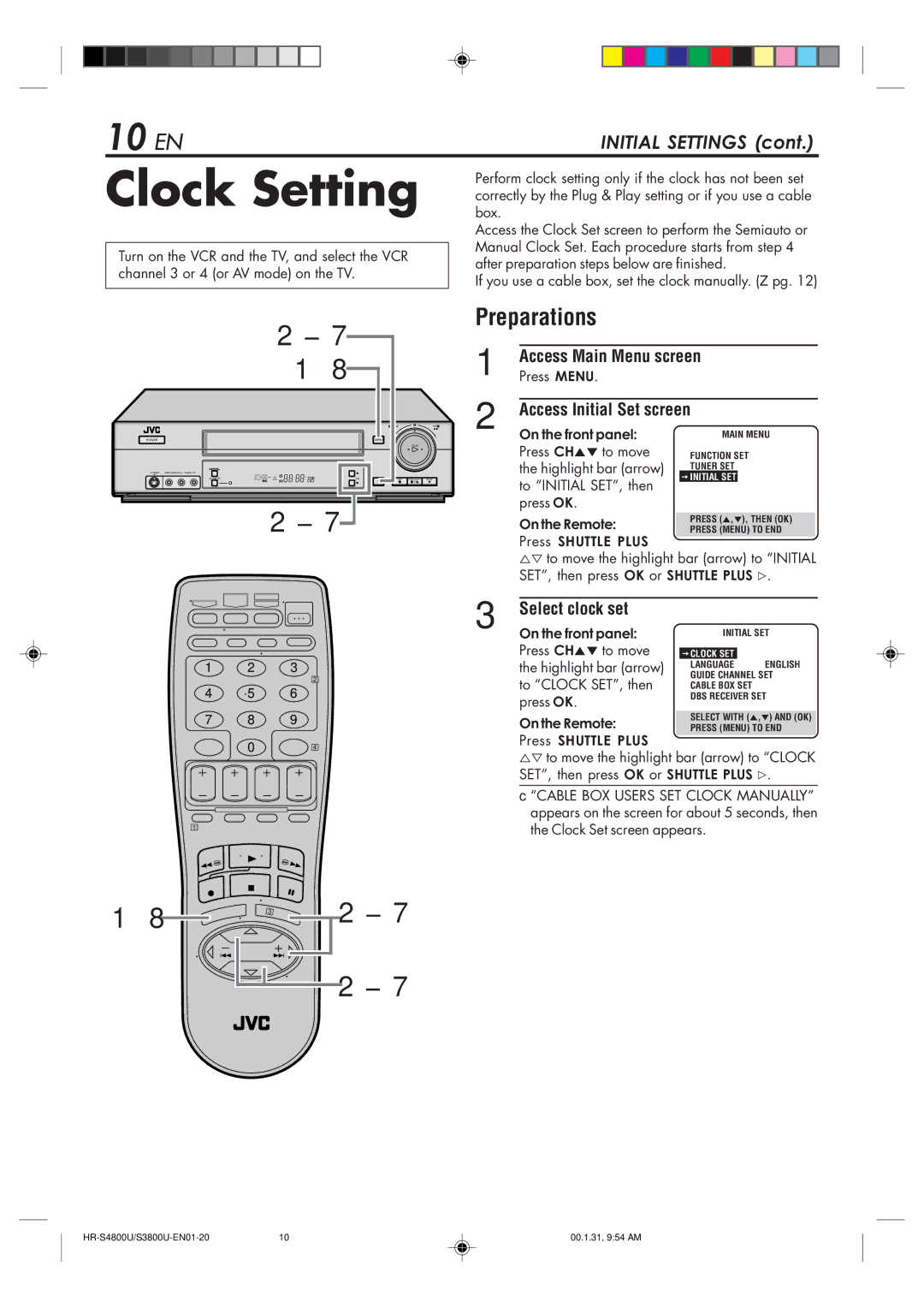 JVC HR-S3800U manual Clock Setting, 10 EN, Preparations, Select clock set 