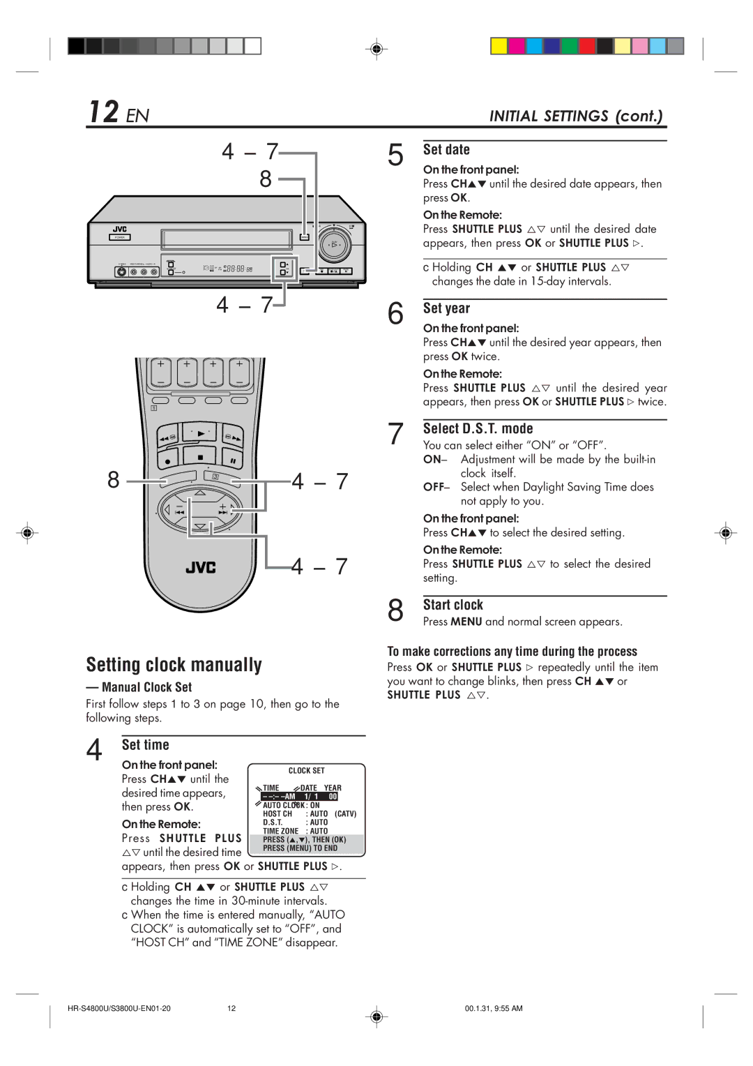 JVC HR-S3800U 12 EN, Setting clock manually 