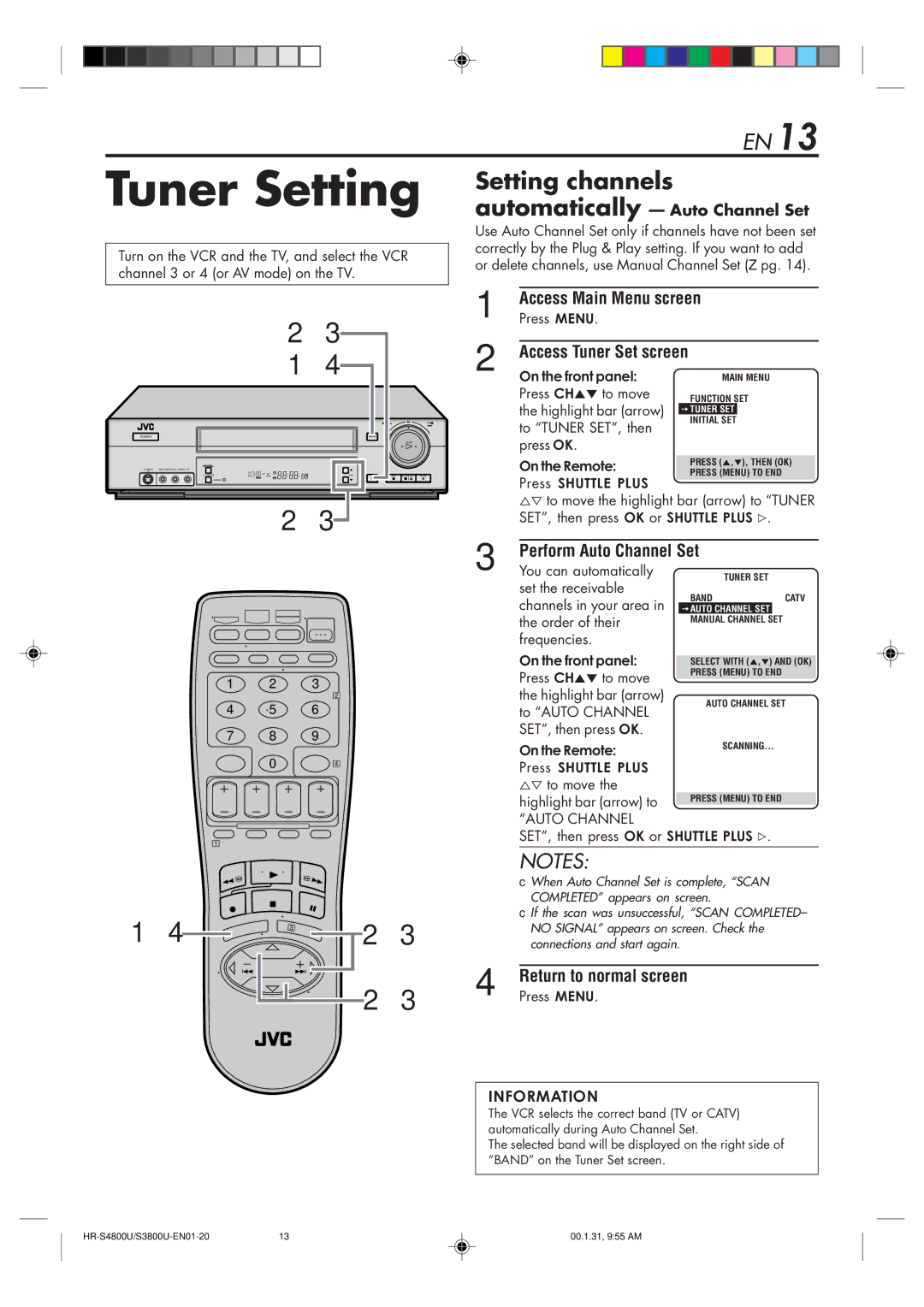 JVC HR-S3800U manual Tuner Setting, Access Tuner Set screen, Perform Auto Channel Set 