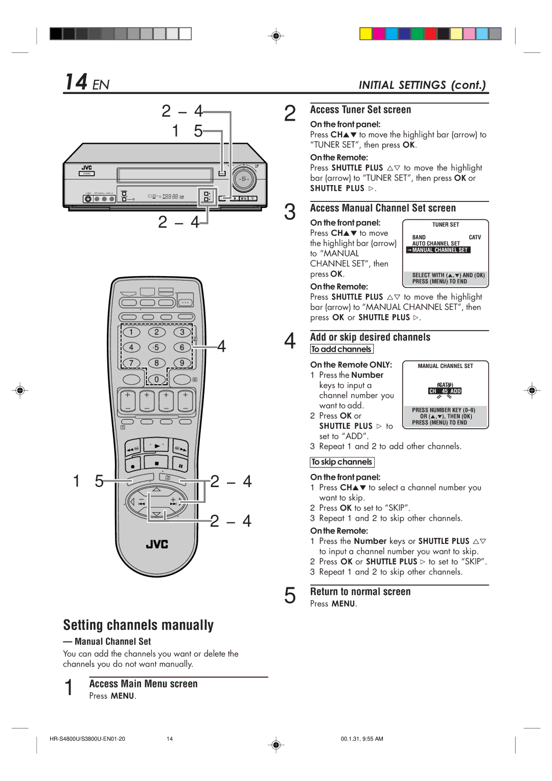 JVC HR-S3800U 14 EN, Setting channels manually, Access Manual Channel Set screen 