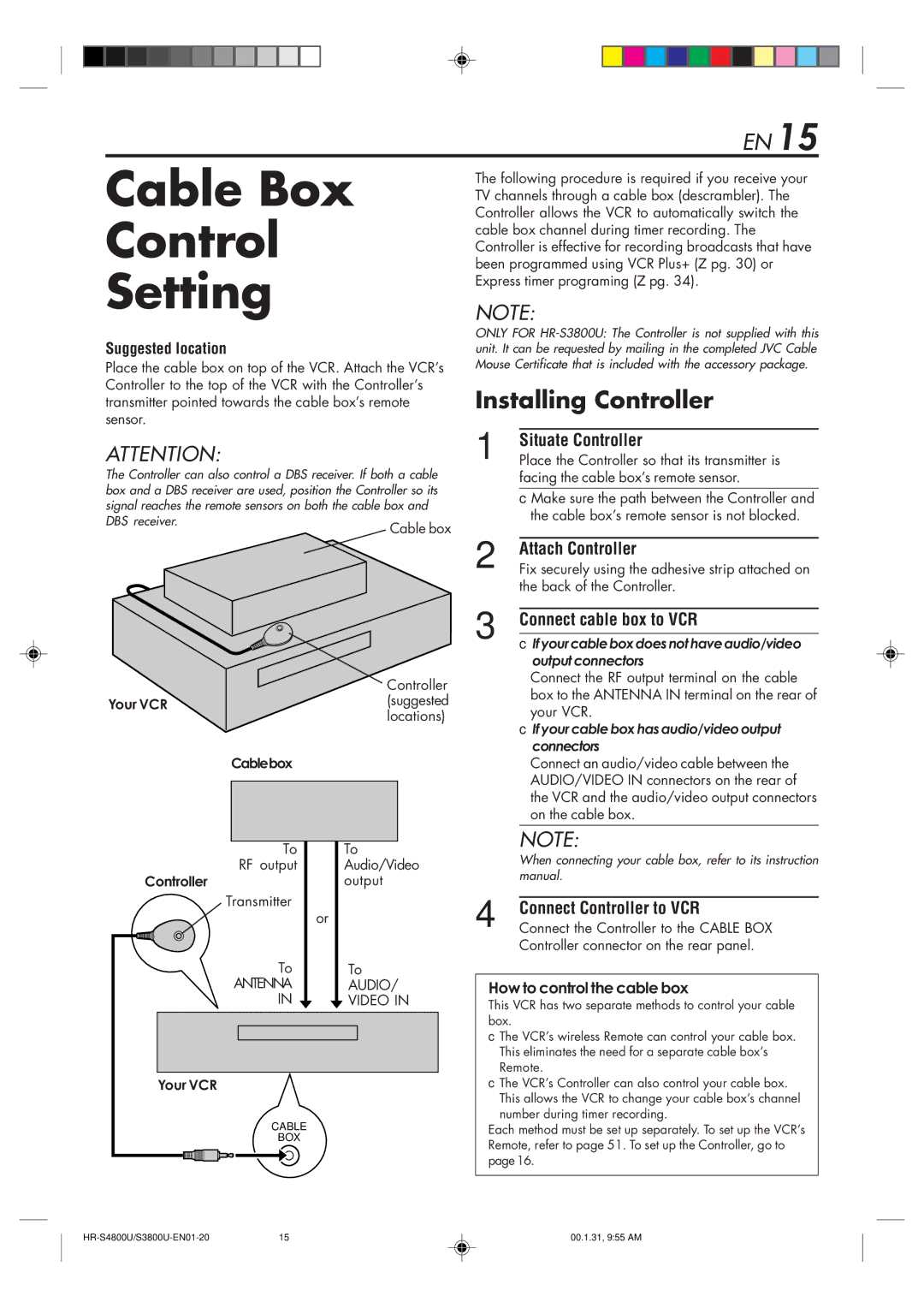 JVC HR-S3800U manual Cable Box Control Setting, Situate Controller, Attach Controller, Connect cable box to VCR 