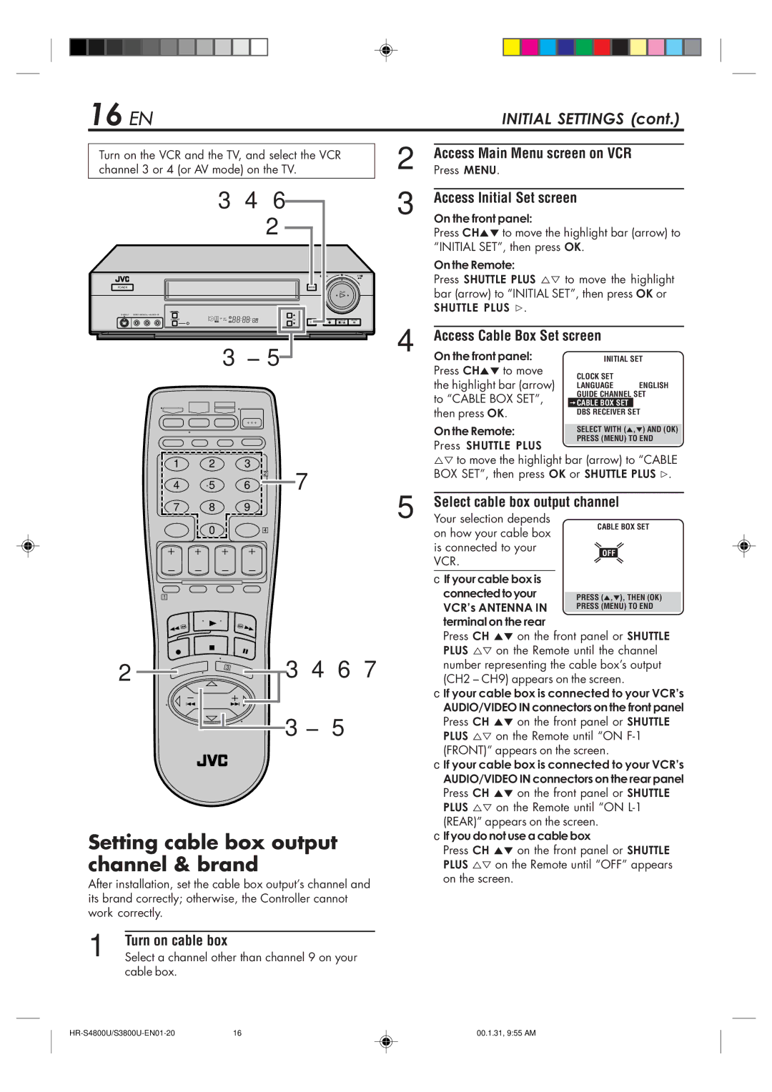 JVC HR-S3800U manual 16 EN, Turn on cable box, Access Main Menu screen on VCR, Access Cable Box Set screen 