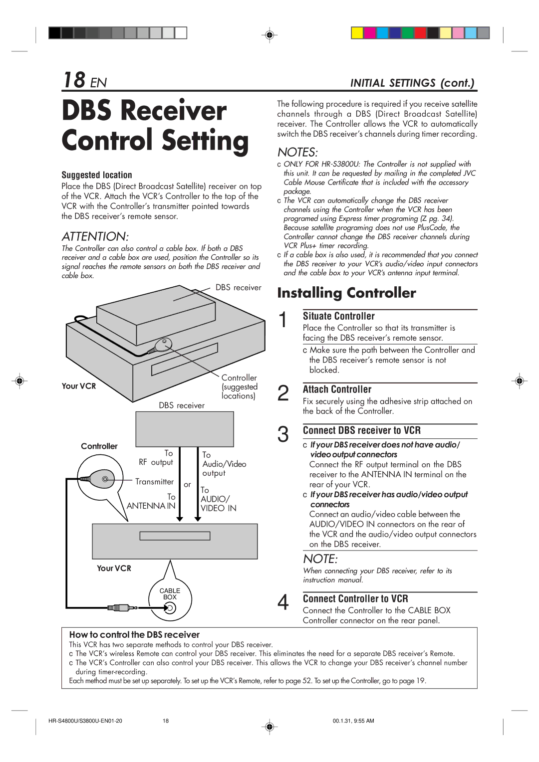 JVC HR-S3800U manual 18 EN, Connect DBS receiver to VCR, How to control the DBS receiver 