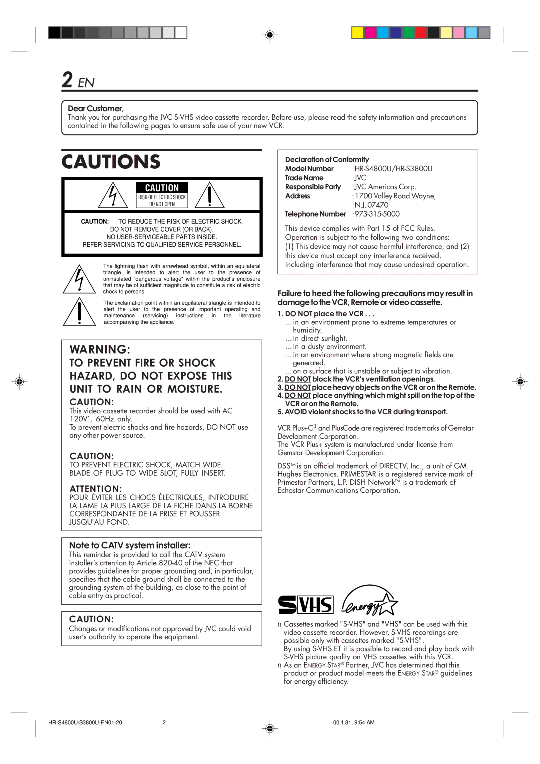 JVC HR-S3800U manual Dear Customer, TelephoneNumber 