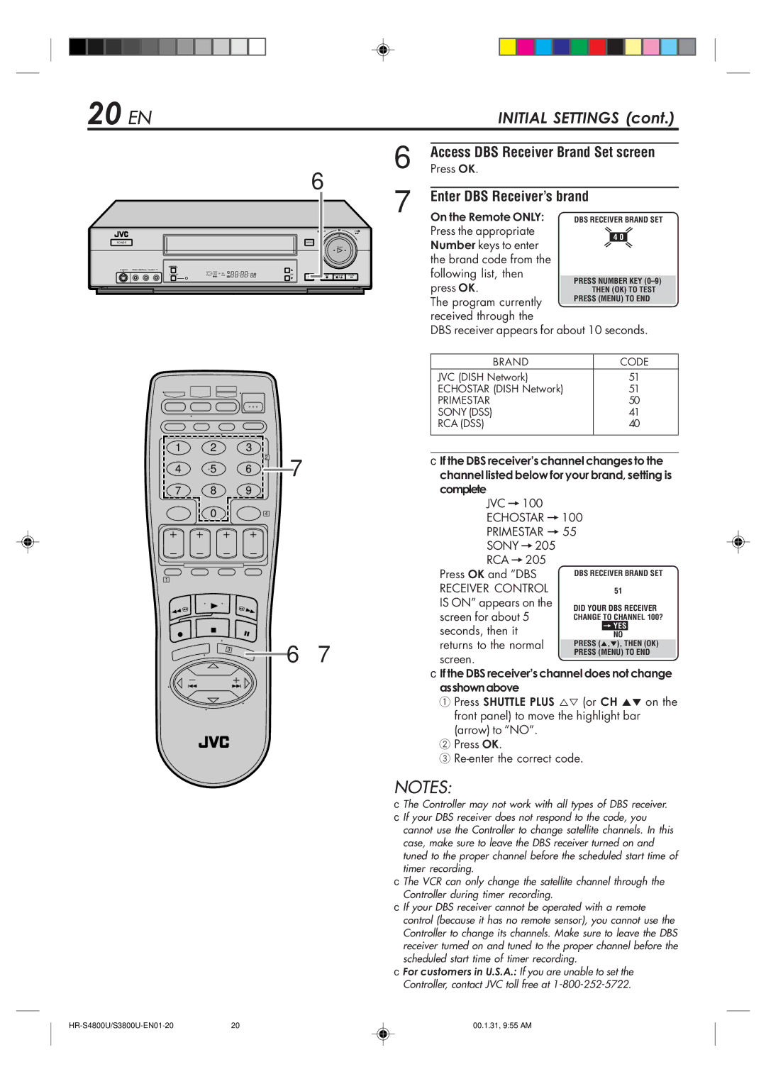 JVC HR-S3800U manual 20 EN, Access DBS Receiver Brand Set screen, Enter DBS Receiver’s brand 