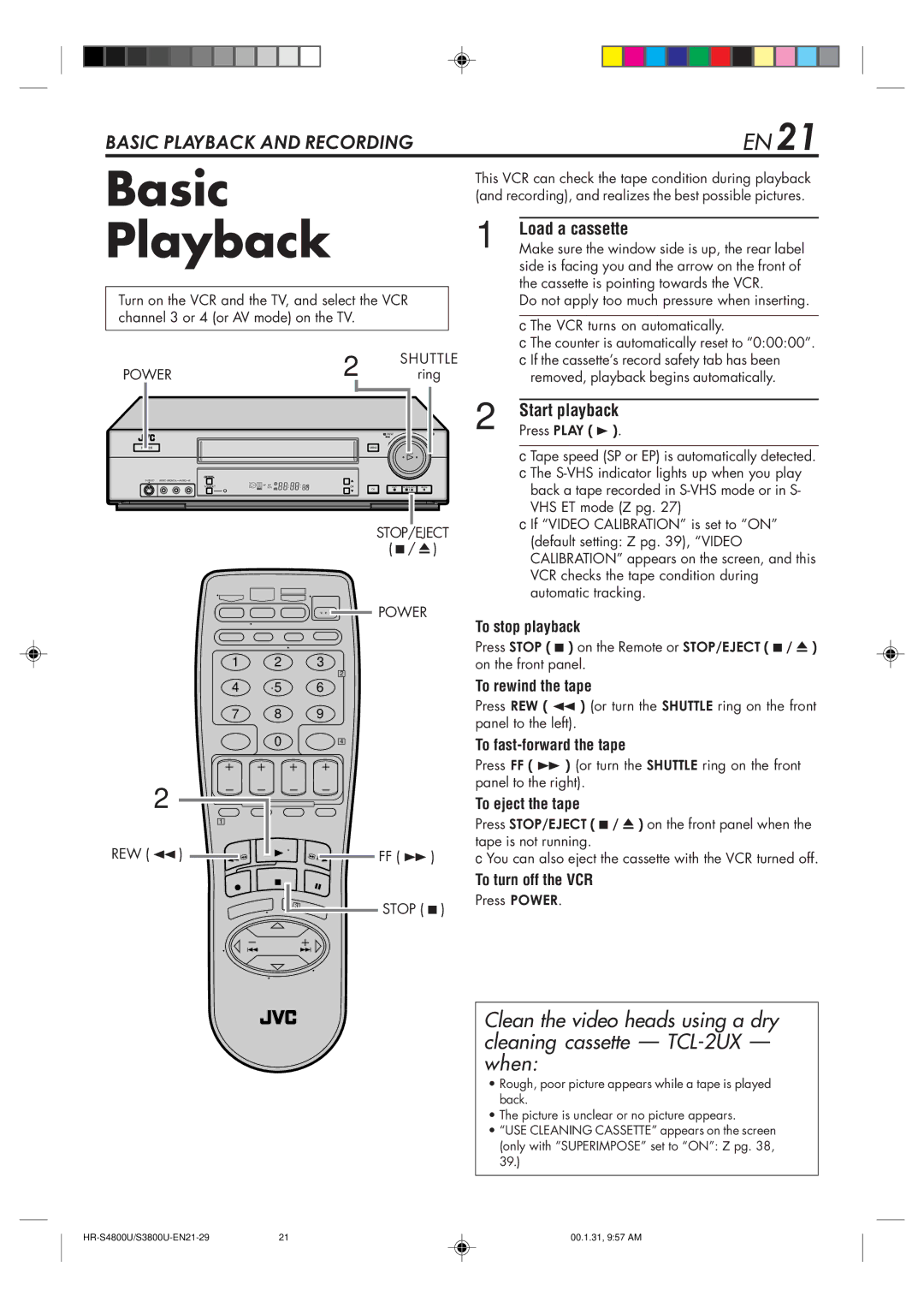 JVC HR-S3800U manual Basic Playback, Load a cassette 