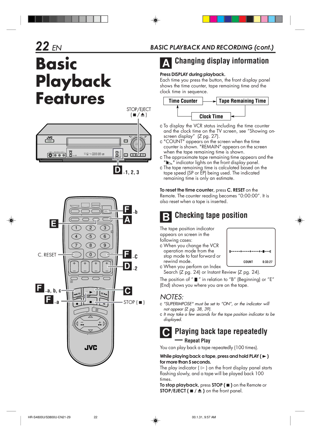 JVC HR-S3800U manual Basic Playback Features, 22 EN, Changing display information, Checking tape position 