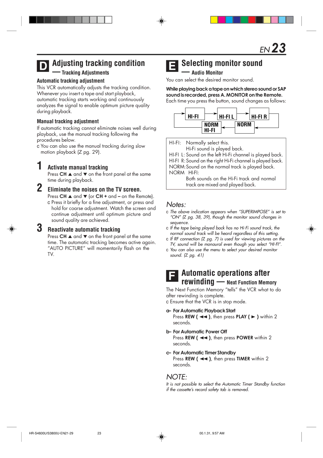 JVC HR-S3800U manual Adjusting tracking condition, Selecting monitor sound, Automatic operations after 