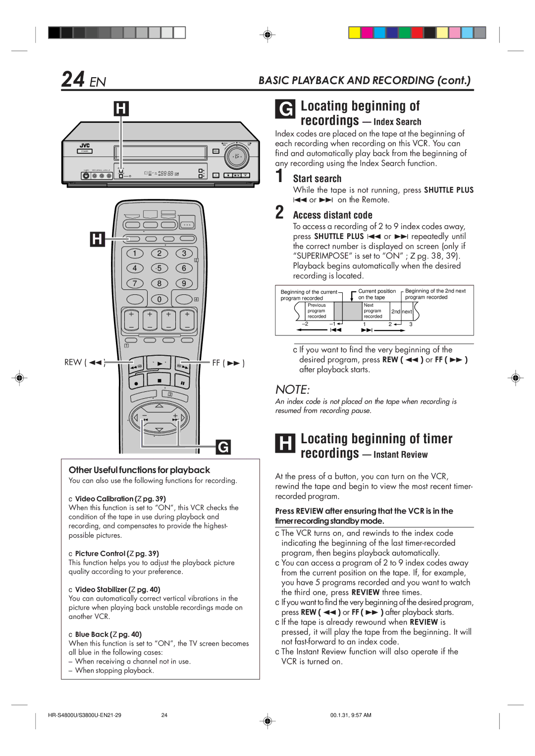 JVC HR-S3800U manual 24 EN, Locating beginning of timer, Start search, Access distant code 