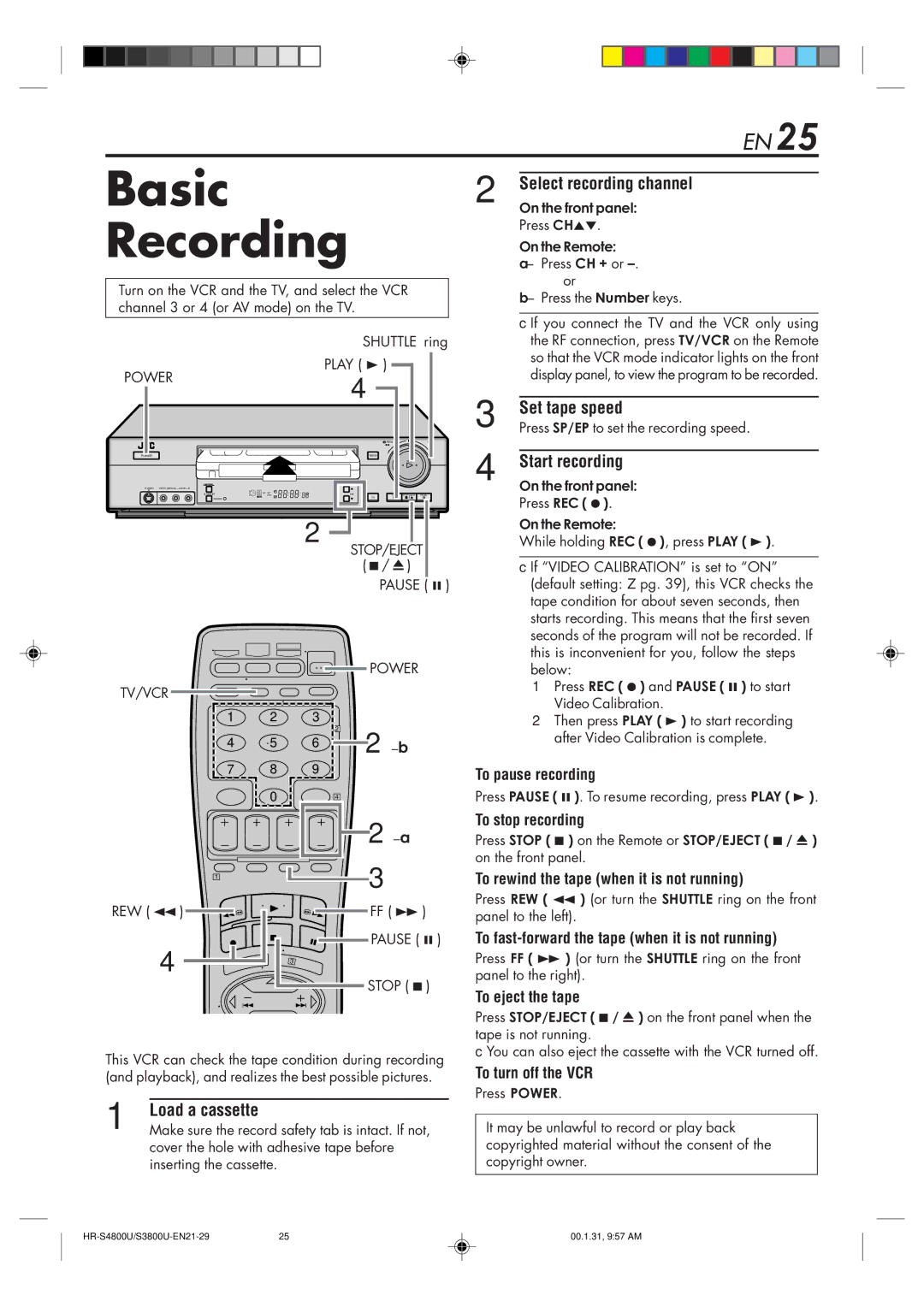 JVC HR-S3800U manual Basic Recording, Select recording channel, Set tape speed, Start recording 