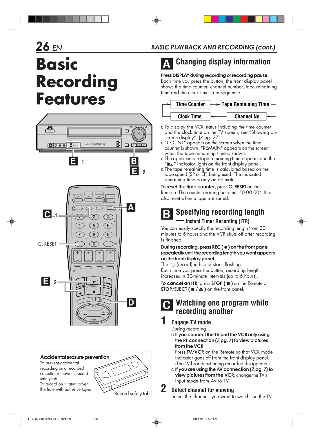 JVC HR-S3800U Basic Recording Features, 26 EN, Specifying recording length, Watching one program while recording another 