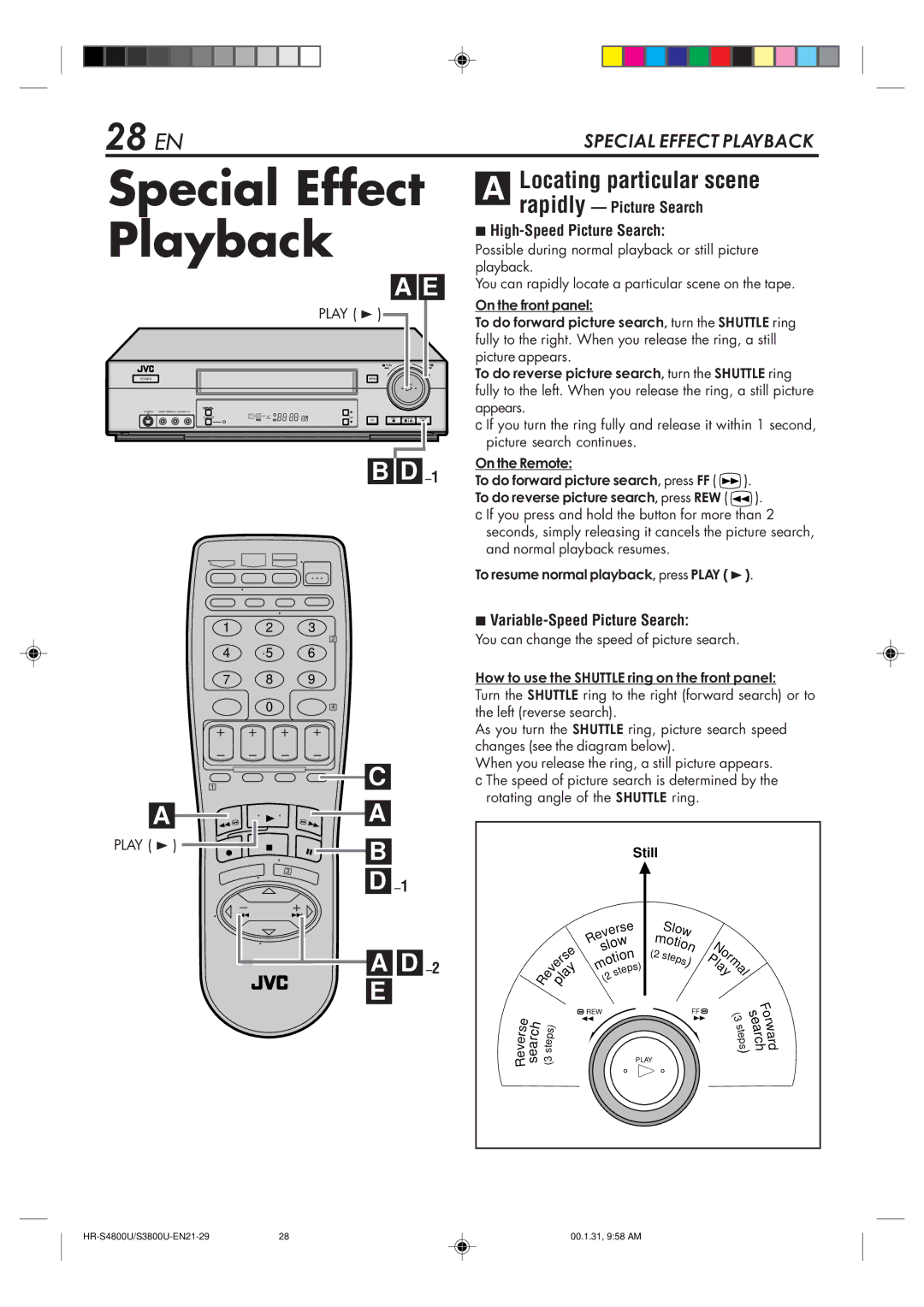 JVC HR-S3800U Special Effect Playback, 28 EN, Locating particular scene, Rapidly Picture Search High-Speed Picture Search 