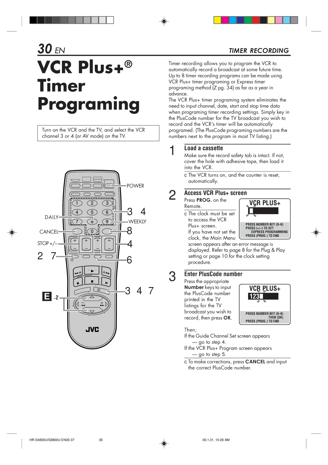 JVC HR-S3800U manual VCR Plus+ Timer Programing, 30 EN, Access VCR Plus+ screen, Enter PlusCode number, Number 