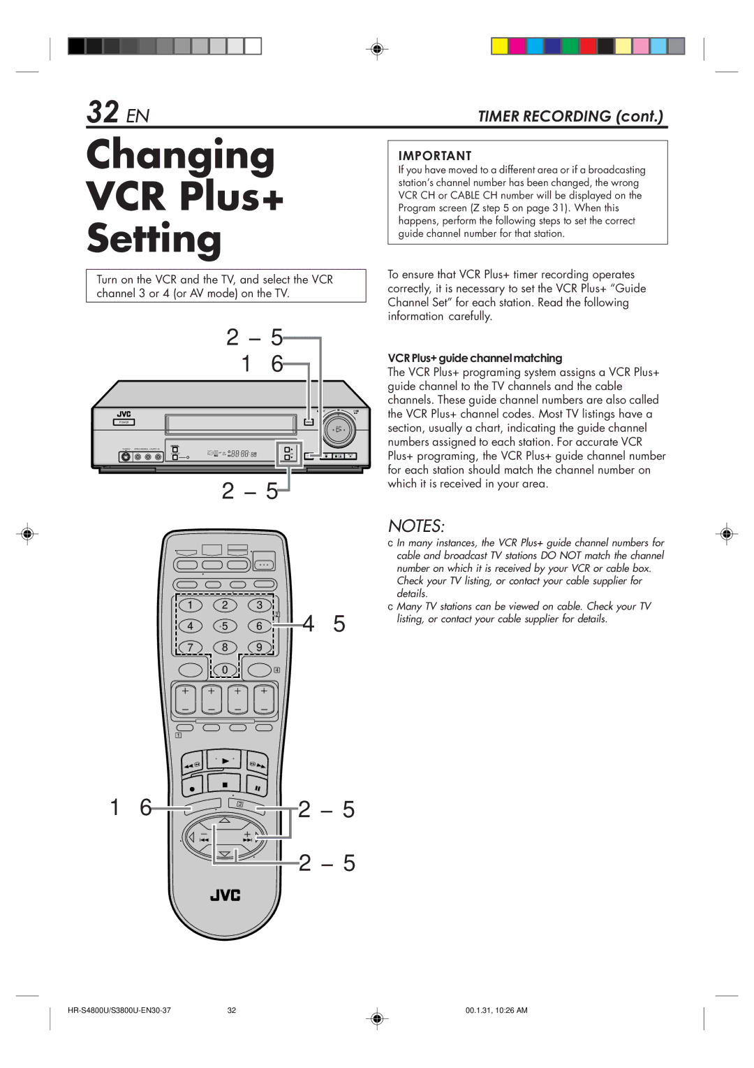 JVC HR-S3800U manual Changing VCR Plus+ Setting, 32 EN, VCR Plus+ guide channel matching 