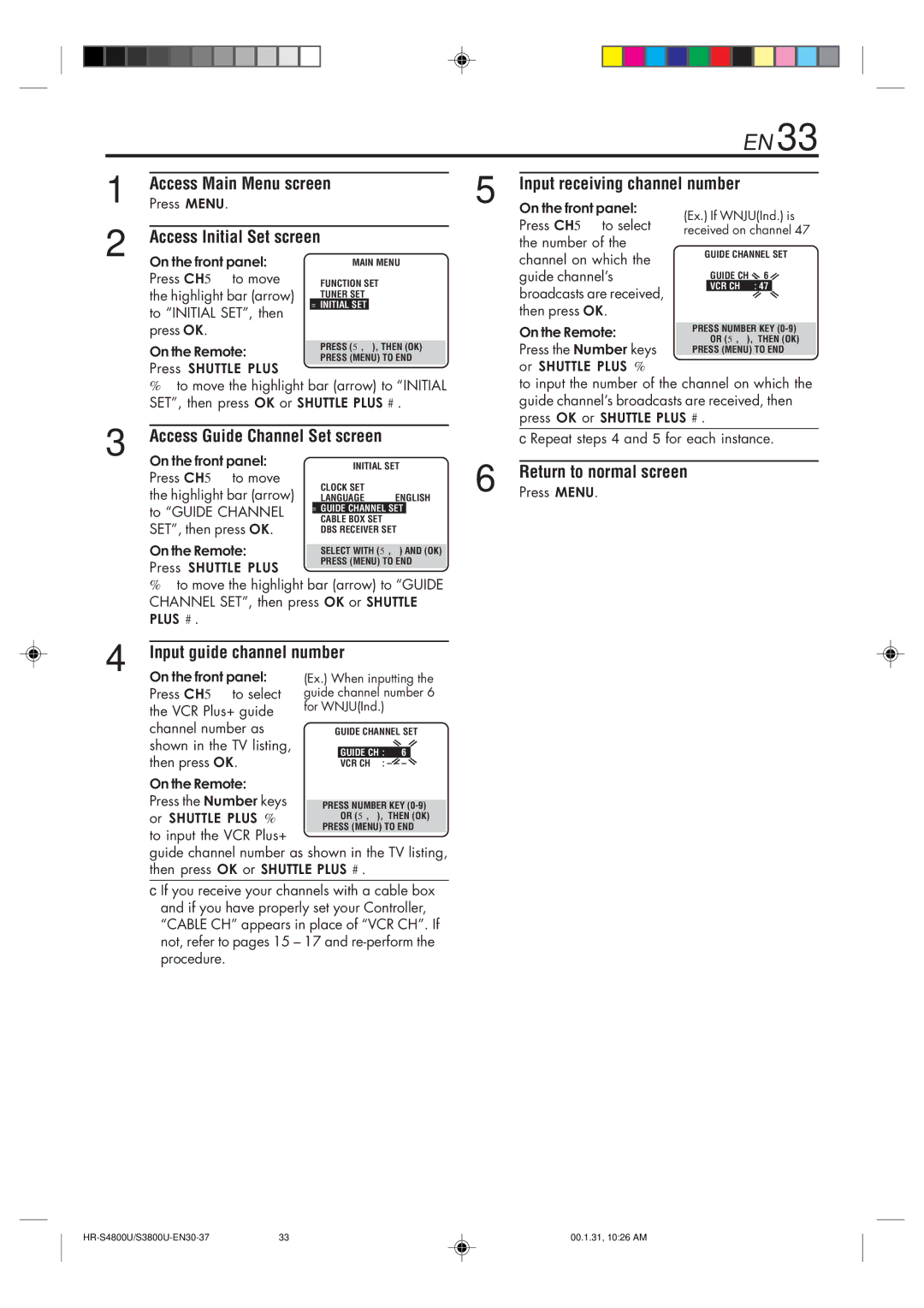 JVC HR-S3800U manual Input guide channel number, Access Guide Channel Set screen, To Guide Channel 