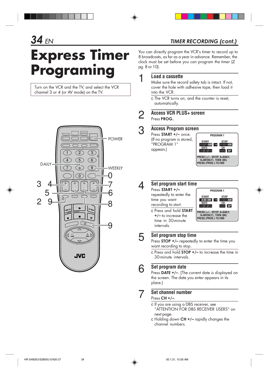 JVC HR-S3800U manual Express Timer Programing, 34 EN, Set program stop time, Set program date 