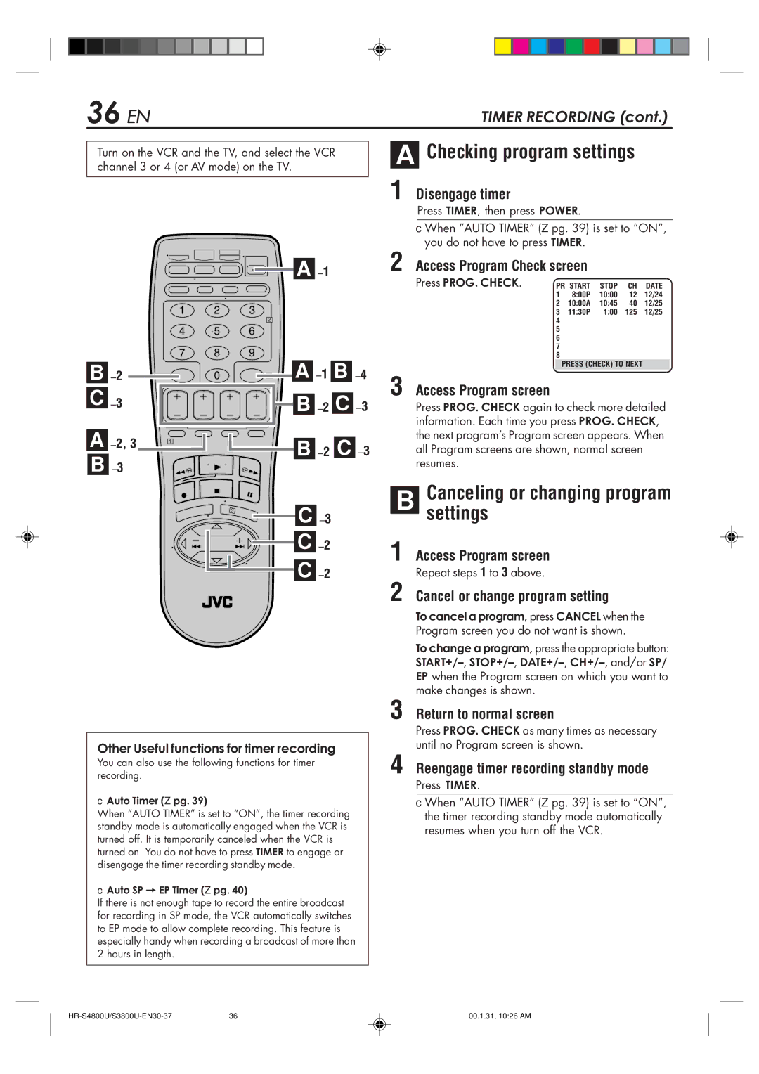 JVC HR-S3800U manual 36 EN, Checking program settings 