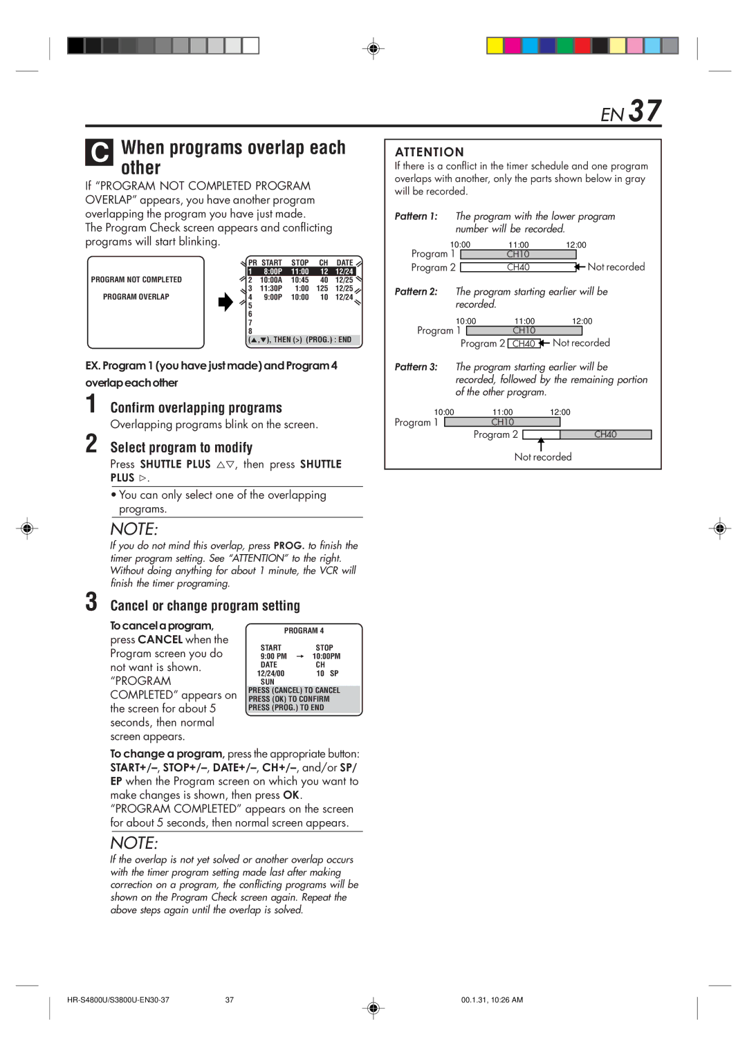 JVC HR-S3800U manual Confirm overlapping programs, Select program to modify, Overlapping programs blink on the screen 