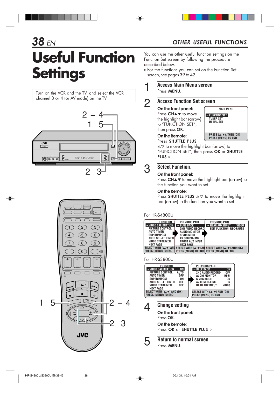 JVC HR-S3800U manual Useful Function Settings, 38 EN, Select Function, Change setting 