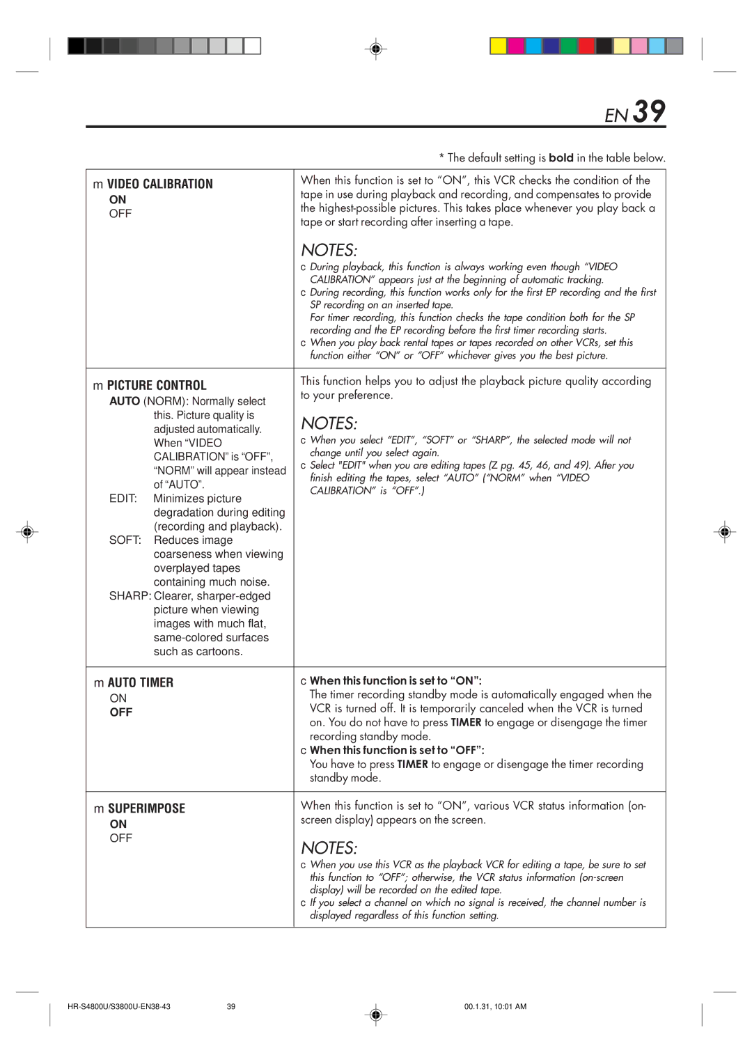 JVC HR-S3800U manual Video Calibration, Picture Control, Auto Timer, Superimpose 