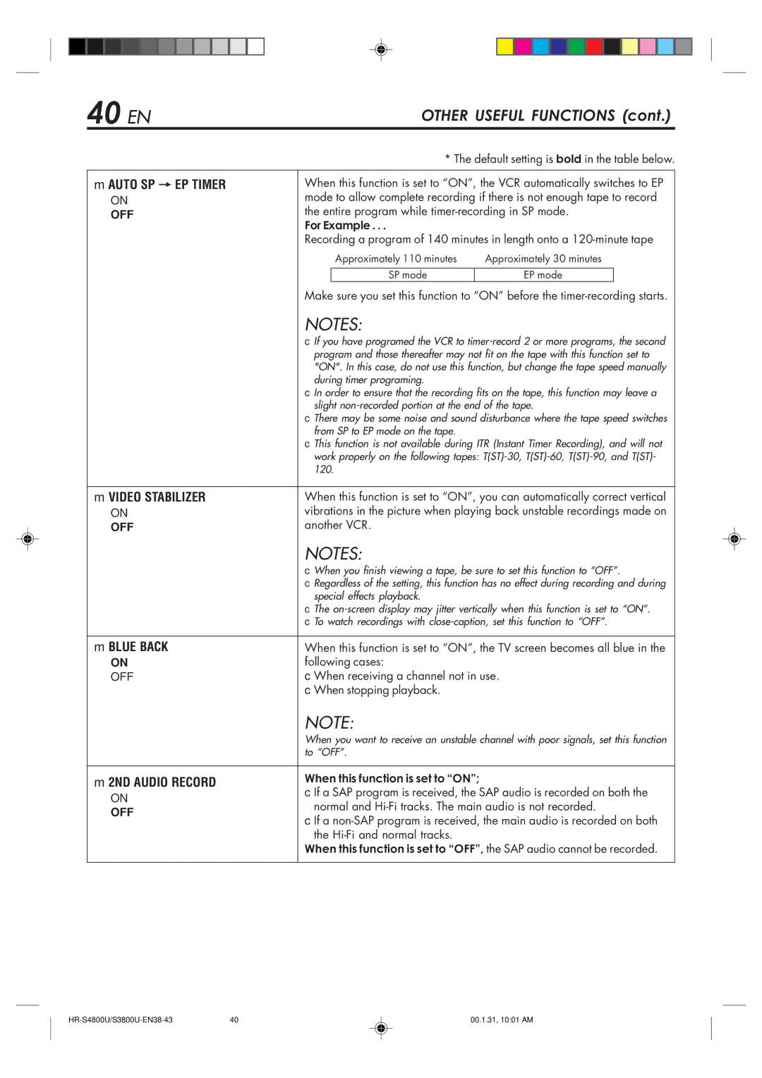 JVC HR-S3800U manual 40 EN, Auto SP = EP Timer, Video Stabilizer, Blue Back, 2ND Audio Record 