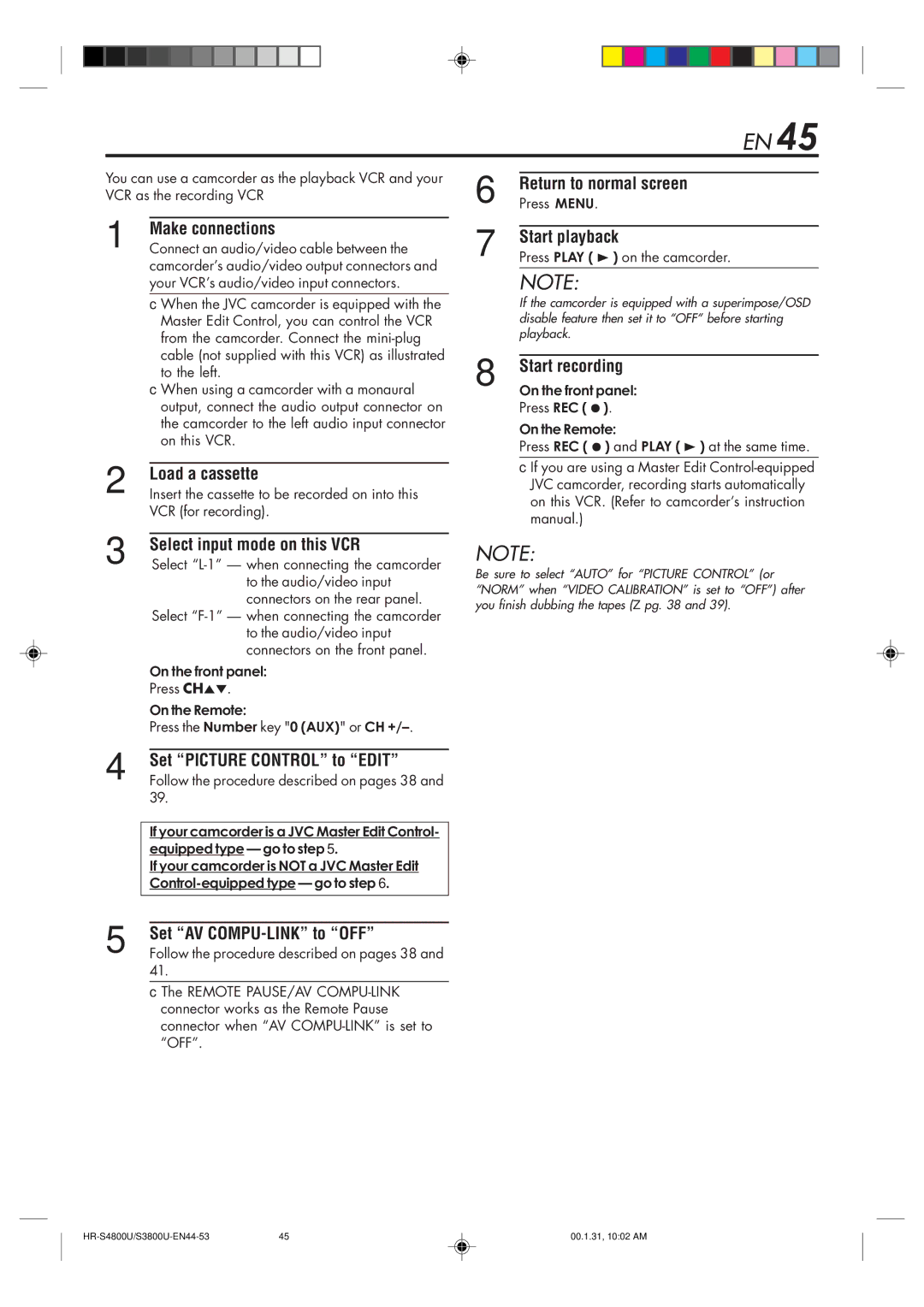 JVC HR-S3800U manual Make connections, Select input mode on this VCR, Set AV COMPU-LINK to OFF, Start playback 