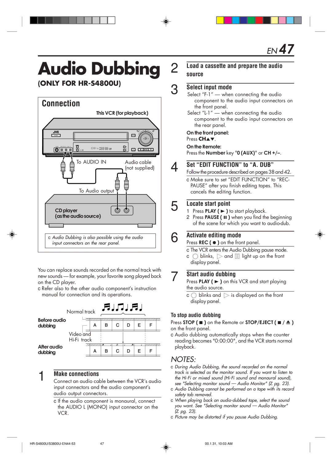 JVC HR-S3800U manual Audio Dubbing, Source Select input mode, Set Edit Function to A. DUB, Locate start point 