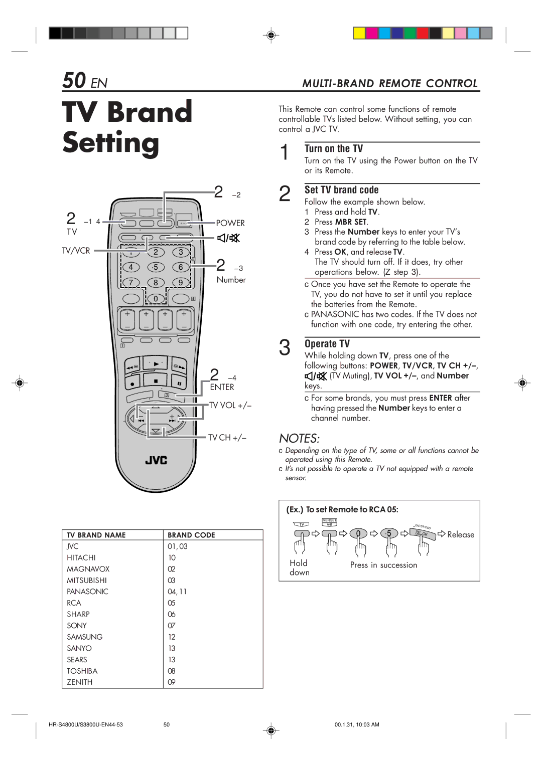 JVC HR-S3800U manual TV Brand Setting, 50 EN, Turn on the TV, Set TV brand code, Operate TV 