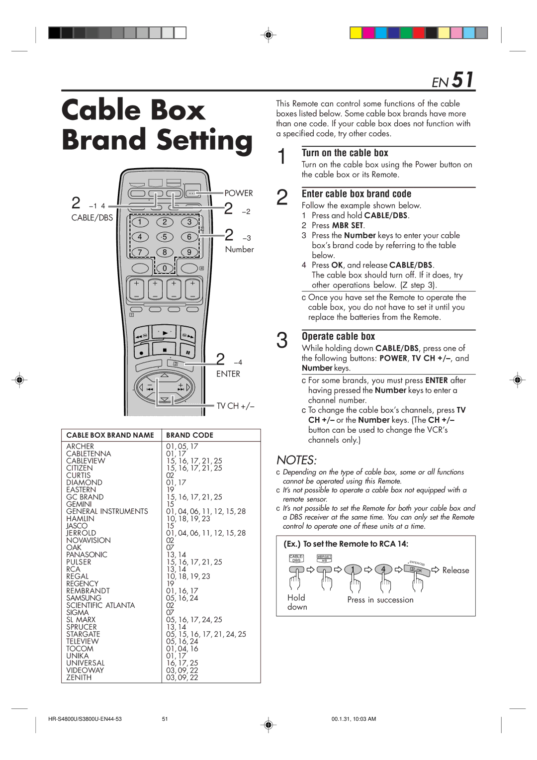 JVC HR-S3800U manual Cable Box Brand Setting, Turn on the cable box, Enter cable box brand code, Operate cable box 