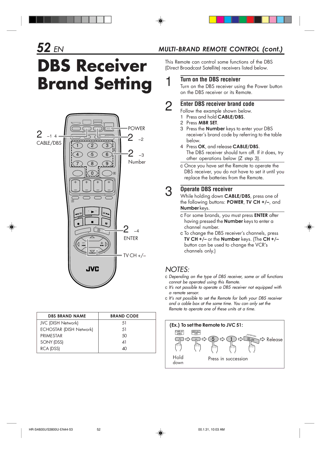 JVC HR-S3800U manual DBS Receiver Brand Setting, 52 EN, Turn on the DBS receiver, Enter DBS receiver brand code 