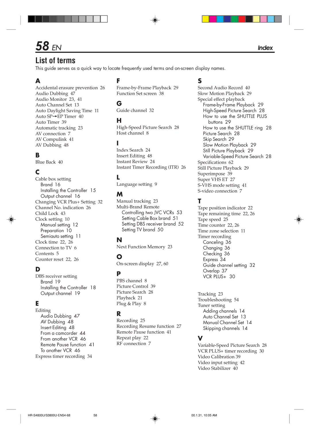 JVC HR-S3800U manual 58 EN, List of terms, Brand Installing the Controller 15 Output channel 