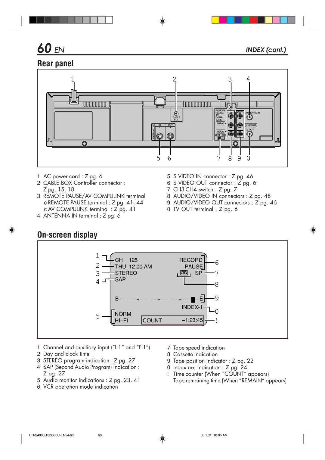 JVC HR-S3800U manual 60 EN, Rear panel, On-screen display 