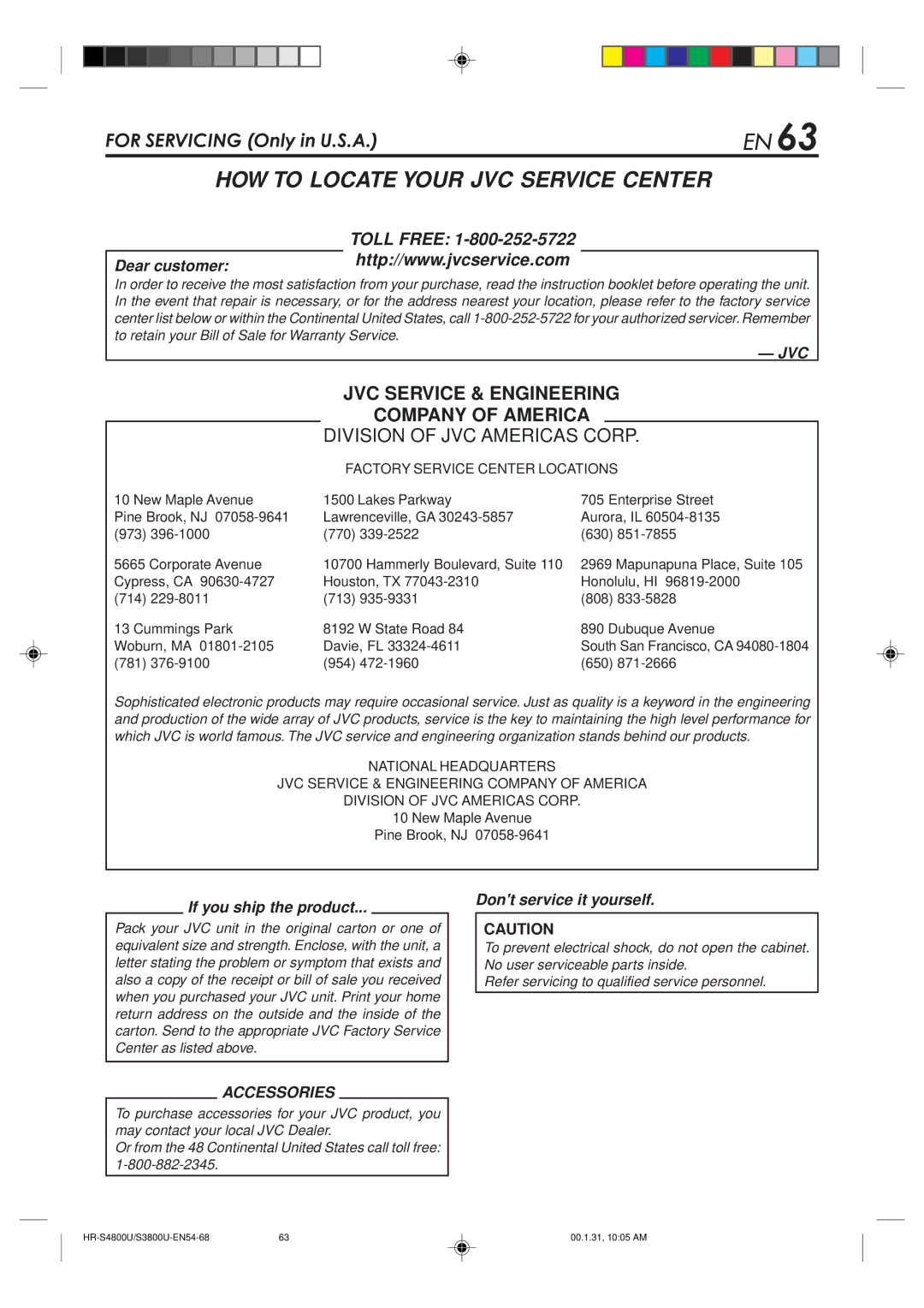 JVC HR-S3800U manual HOW to Locate Your JVC Service Center 