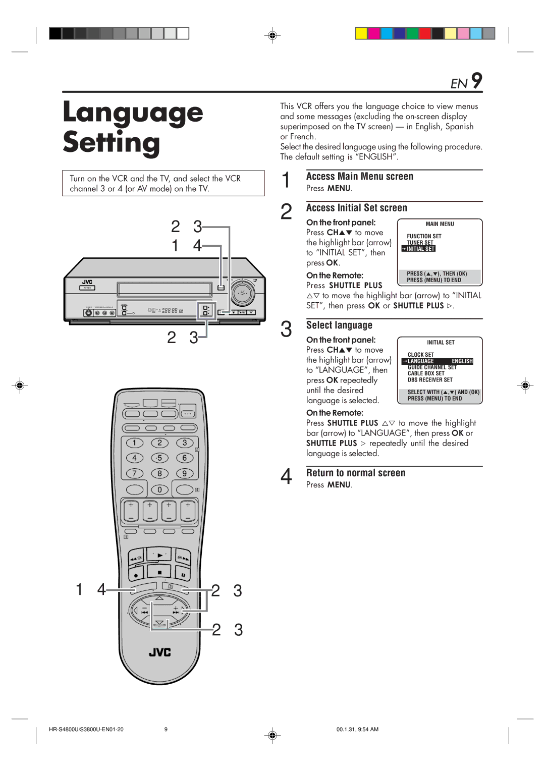 JVC HR-S3800U manual Language Setting, Access Main Menu screen, Access Initial Set screen, Select language 