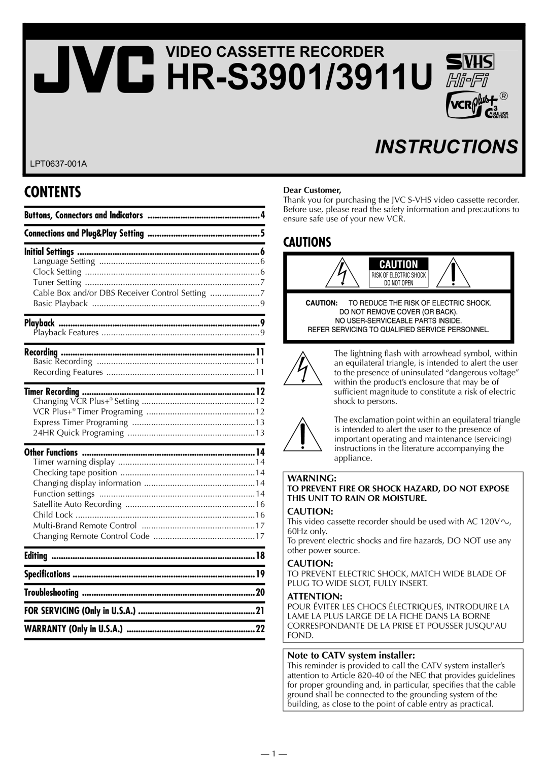 JVC HR-3911U, HR-S3901 specifications Contents 